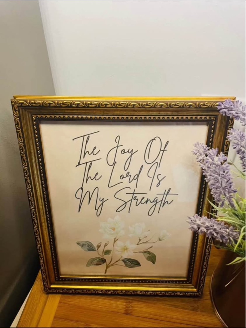 Framed Floral Quote Wall Art - Gold Frame, Cream Print